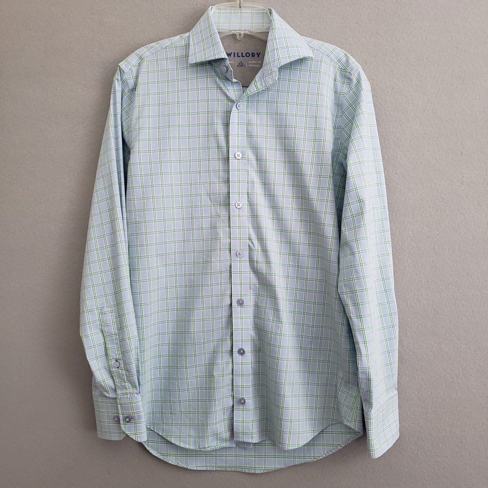 Twillory Performance Dress Shirt Mens 15 32/33 Tailored Fit Blue‎ Green Plaid